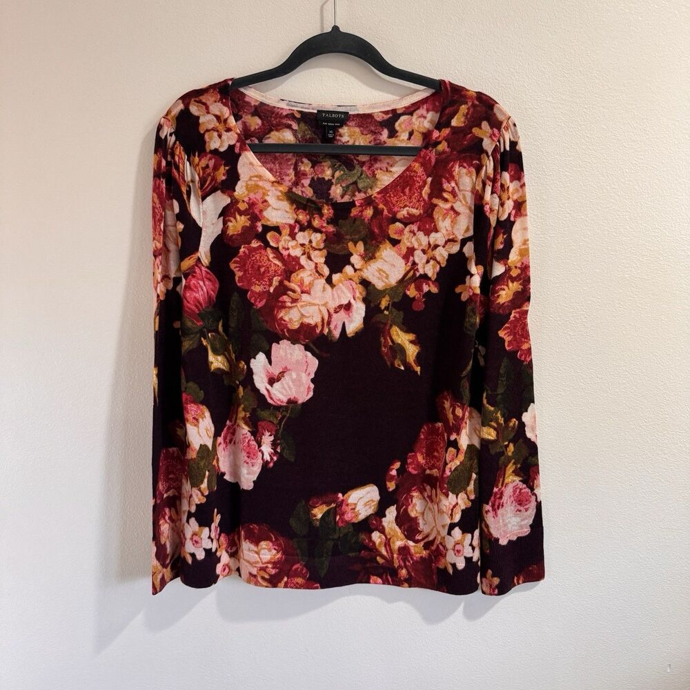 Talbots Sweater XL 100% Pure Merino Wool Floral Knit Pink Red Scoop Neck